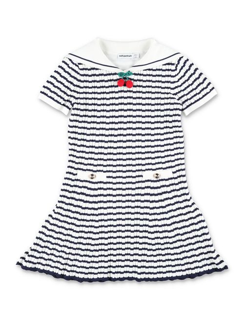 Textured Pointelle Sailor Knit Dress with Cherry Appliqué & Button Detail