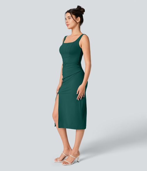 SoftlyZero™ Airy Square Neck Backless Corset Ruched Split Bodycon Midi Cool Touch Bridesmaid and Wedding Guest Dress - Forest Biome