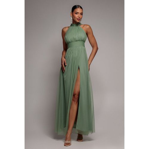 Goddiva Halter Neck Mesh Tie Maxi Dress - Dusty Sage