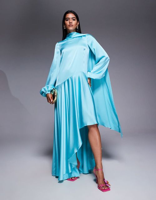 ASOS ARCHIVE satin maxi dress with dropped waist and scarf detail in turqouise-Blue