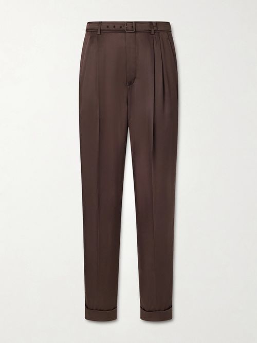 Tapered Belted Silk-Satin Trousers