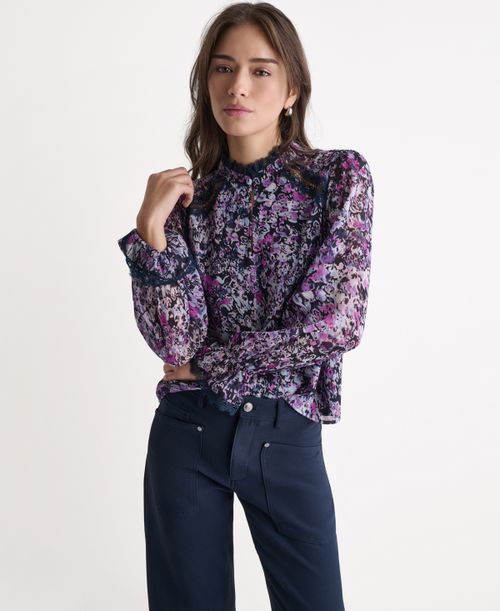 Women's Printed High-Neck Long-Sleeve Top - Deep Sea