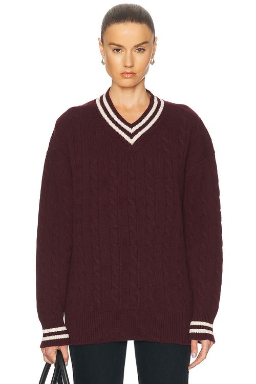 &Daughter Slouchy Cricket V-Neck Cable Sweater in Burgundy & Ecru - Burgundy.  XS also in L
