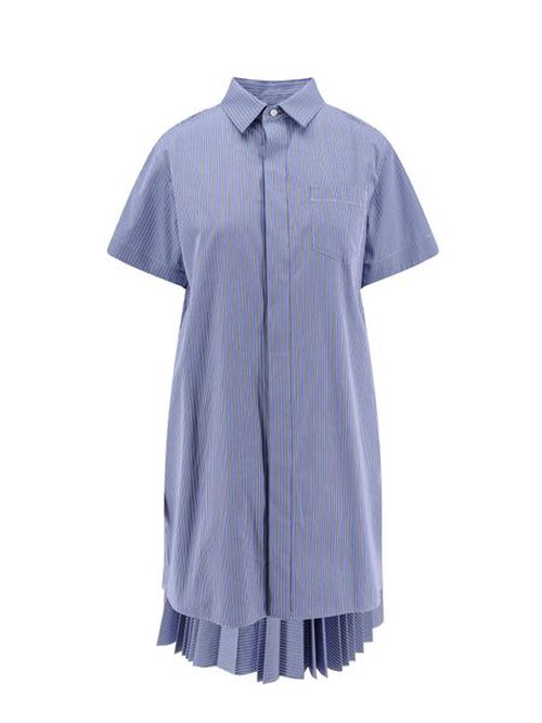 Sacai Striped Pleated Midi Chemisier Dress