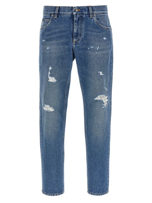 Distressed Cotton Straight-Leg Jeans — Blue