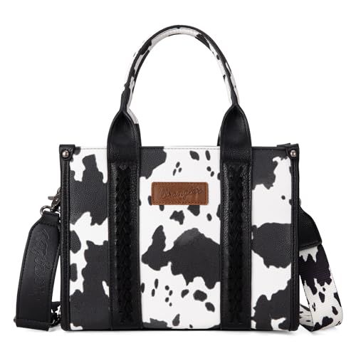 Wrangler cow print tote bag for women with black and white western pattern