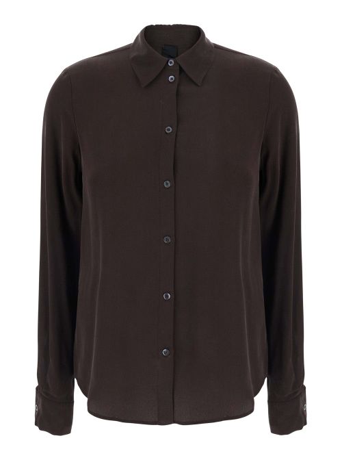 Pleated Silk Crepe de Chine Shirt — Brown