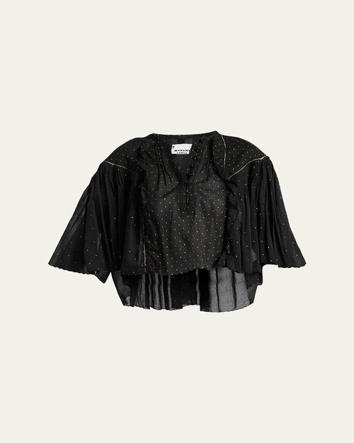 Veenia Polka-Dot Pleated Cotton Voile Crop Blouse