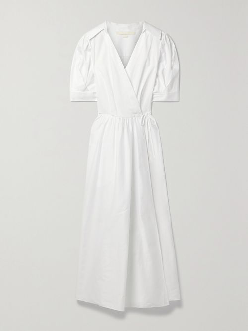 Gathered Cotton-sateen Midi Wrap Dress - White