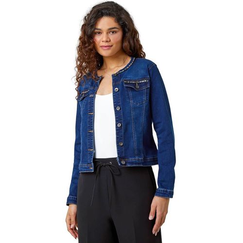 Roman Women's Collarless Tape Stretch Denim Jacket in Indigo