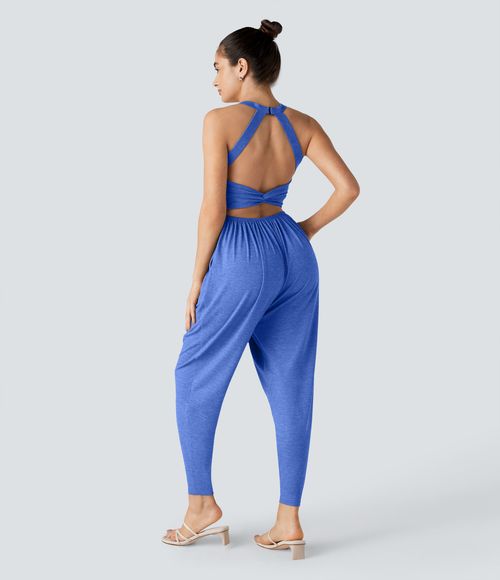 U Neck Pocket Harem Casual Jumpsuit-Easy Peezy Edition  - Sky Blue Floral Yarn