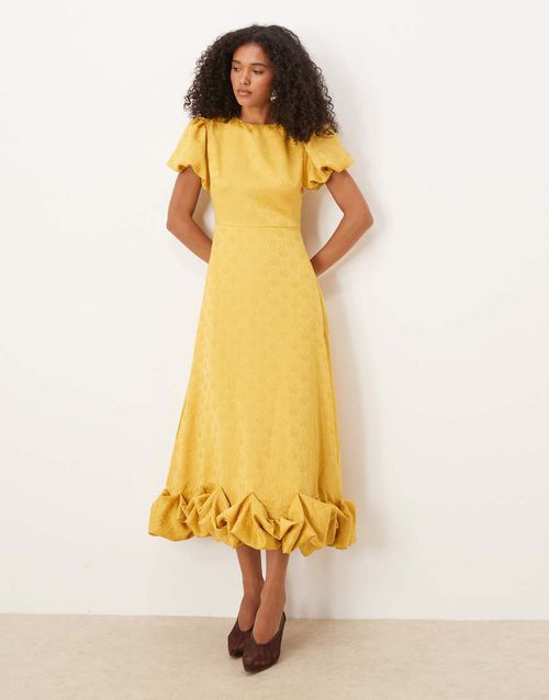 Puff sleeve bubble hem maxi dress in spicy mustard-Yellow