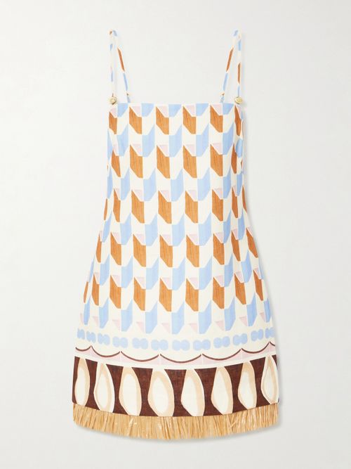 Valencia Printed Fringed Linen Mini Dress - Multi