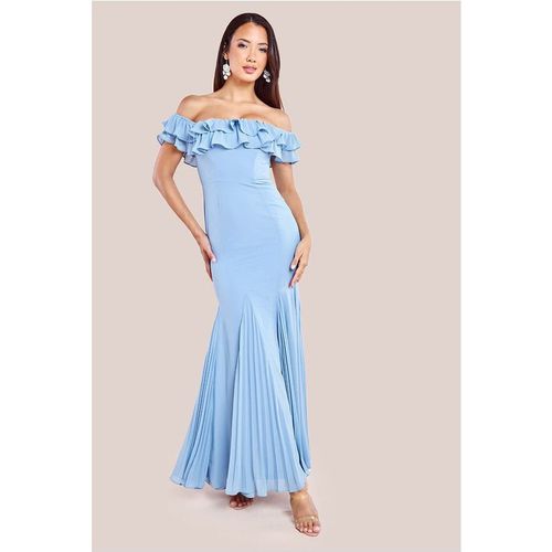 Goddiva Frilled Off The Shoulder Pleated Chiffon Maxi Dress - Dusky Blue