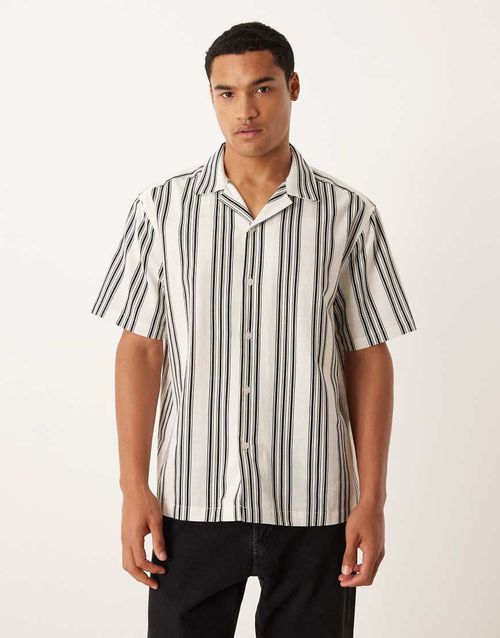 Relaxed camp collar shirt in beige and black stripe-Neutral