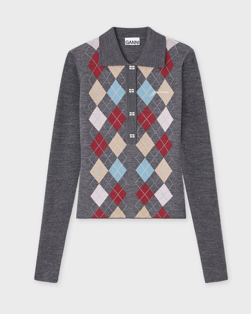 Ganni Sweater Fine Merino Jacquard Polo Paloma melange