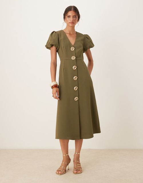 Embellished button midi dress in deep olive-Green