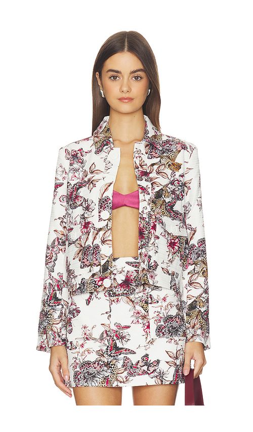 L'AGENCE Nyx Crop Jacket in White Multi Large Butterfly Jungle in White Multi Lrg Butterfly Jungle. 0 also , 2, 4