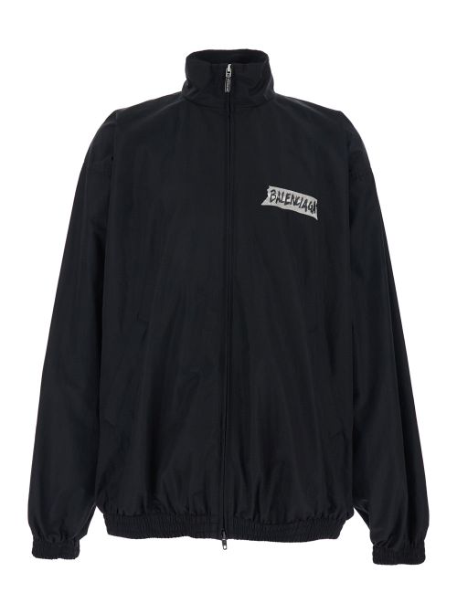 High-Collar Logo-Embroidered Cotton Blend Jacket — Black