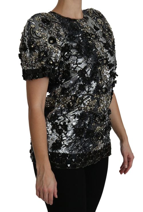 Sequined Crystal Embellished Blouse — Black