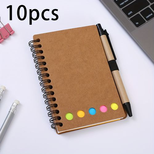TEMU 5/10 Sets Of Lined Spiral Notebooks With Brown Paper Covers, Sticky Notes And Pens - Color-coded Index Tabs - Suitable For Meeting Notes, Work