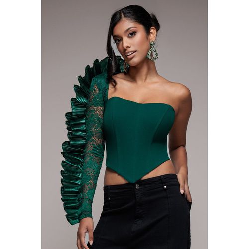 Goddiva One Shoulder Fan Pleat Frill Corset Top - Emerald Green