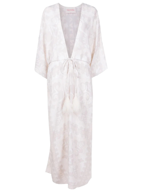 Geometric-Print Silk Beach Cover-Up — Beige