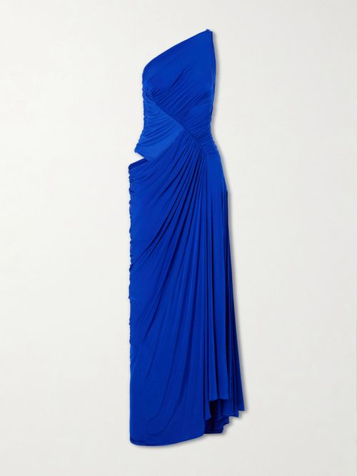 One-shoulder Gathered Mesh And Jersey Gown - Blue