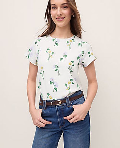 Ann Taylor Floral Mixed Media Crew Neck Tee