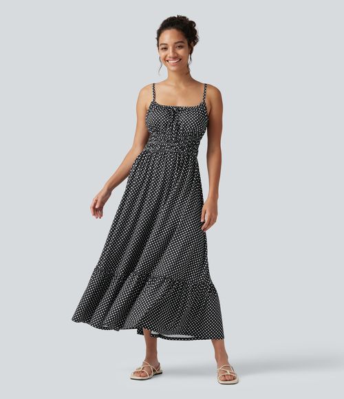 Tie Front Polka Dot Flowy Midi Casual Slip Dress Casual Dress - Midnight Dots