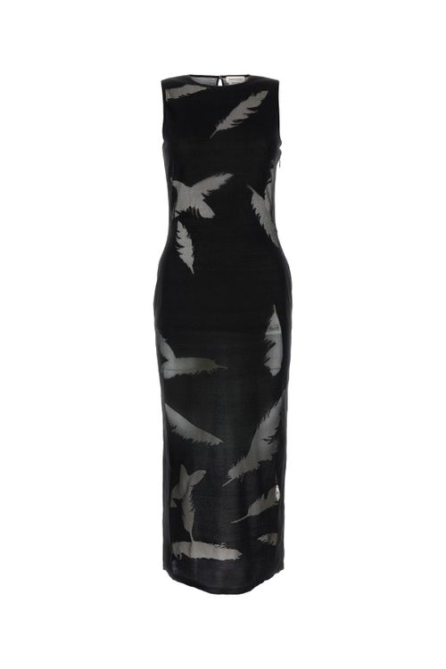 Feather-Print Silk Dress — Black