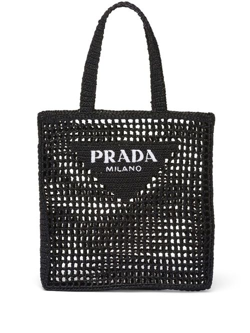 Woven-logo raffia tote bag - Black