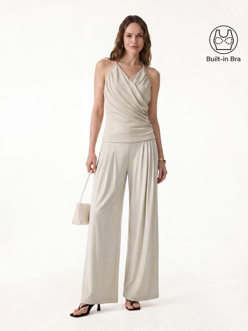 2Pcs Set Halter Neck Surplice Bra Top & Tucked Palazzo Pant with Pockets - Morning Mist / XS