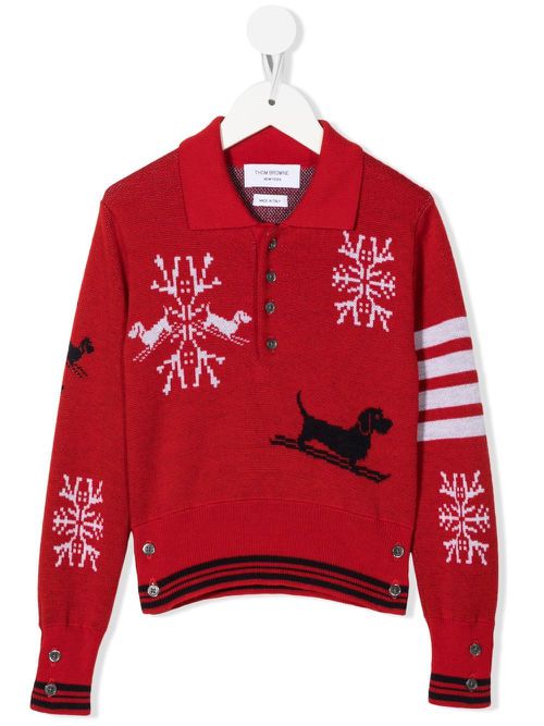 Intarsia-knit polo-collar jumper - Red