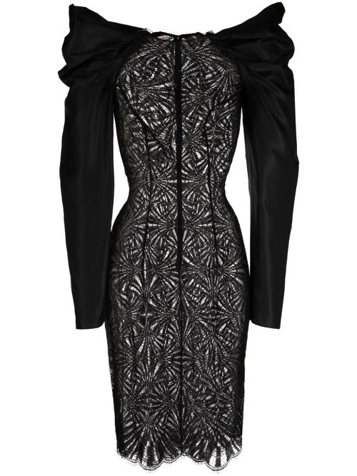 Lace-panel shantung midi dress - Black