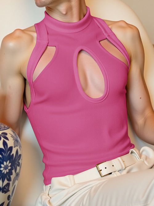 Mens Hollow-Out Knit Mock Neck Tank SKUK93559 - Dark Pink / S