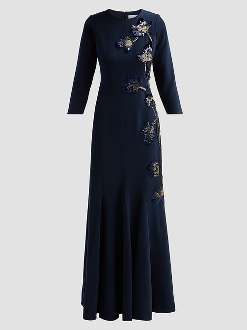 Women's Embellished Godet Crepe Gown - Navy Multi