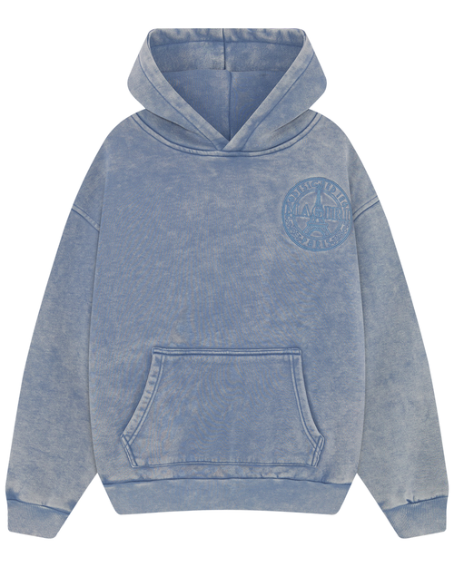 Magiri Embroidered Acid Wash Hoodie in Washed Blue - Washed Blue