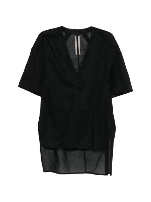 ? Short-Sleeved Semi-Sheer Cotton Blouse with V-Neck & Side Slits