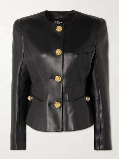 Paneled Embellished Leather Peplum Jacket - Black