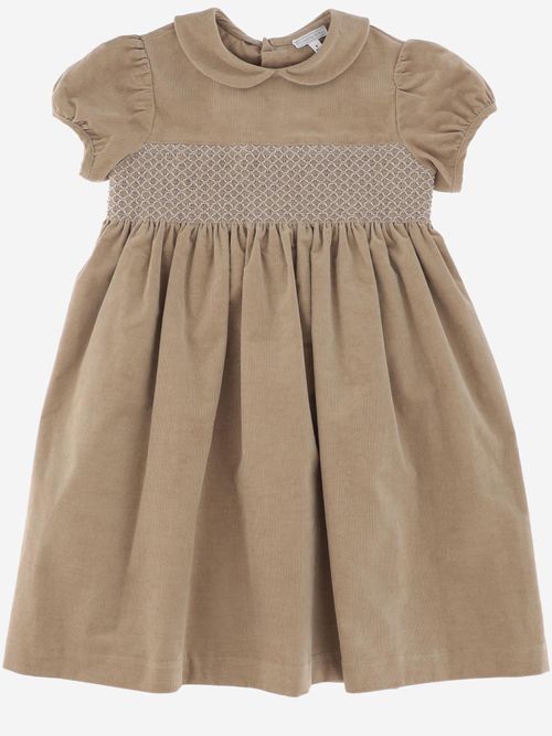 Smocked Stretch Cotton Dress — Beige