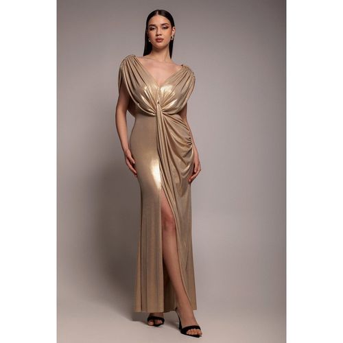 Goddiva Cowl Plunge Draped Foil Maxi Dress - Gold