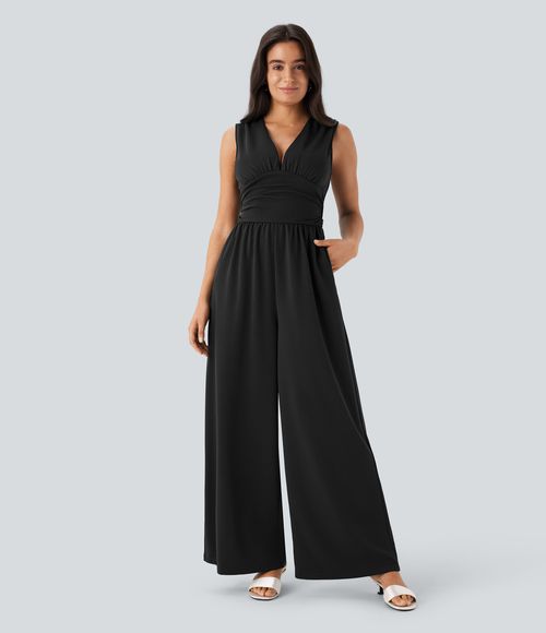V Neck Sleeveless Ruched Pocket Jumpsuit-Easy Peezy  - Black