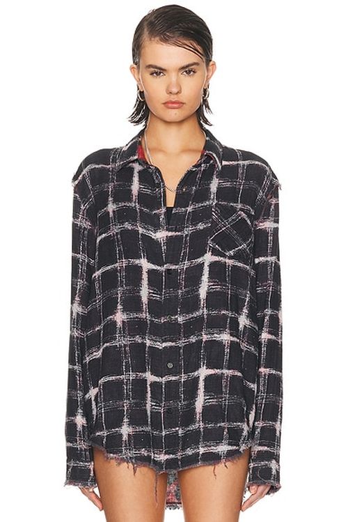 R13 Reversible Shredded Seam Shirt in Black Ecru Plaid With Red Leopard - Black,Red. L also in M