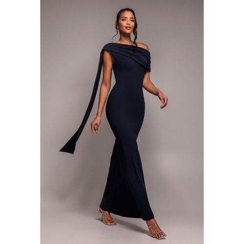 Goddiva Sash One Shoulder Bardot Maxi Dress - Navy Blue