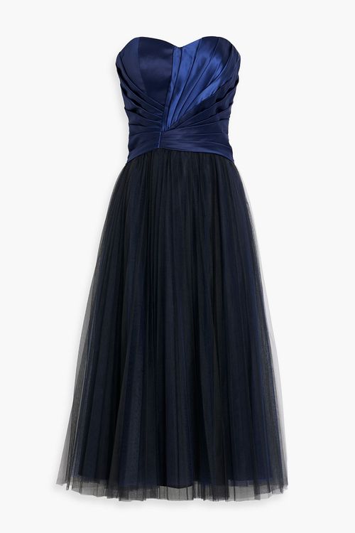 Strapless pleated satin-paneled tulle gown