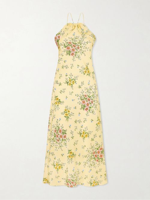 Floral-print Bow-detailed Halterneck Silk-crepe Midi Dress - Yellow