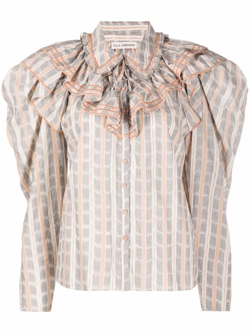 Ruffled-neck check pattern blouse - Neutrals