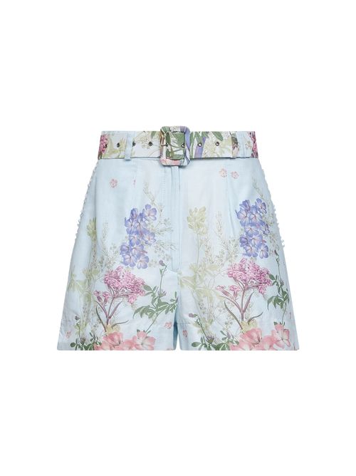 Floral-Embroidered Cotton Shorts — Blue