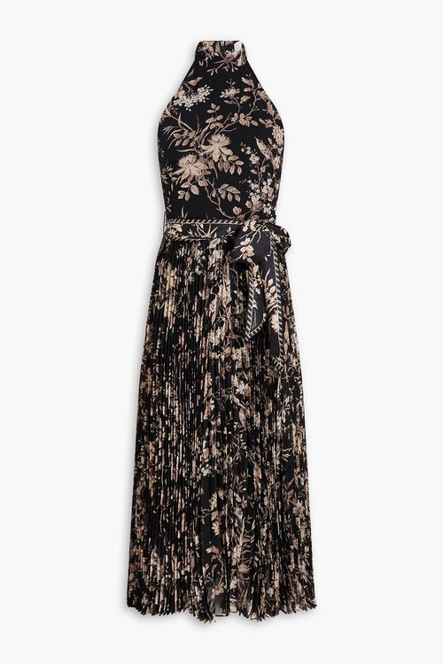 Pleated floral-print georgette midi dress - Black - 4